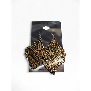 VINTAGE NEW Gold Black Mesh Dangle Earrings Statement Drop Boho Chainmail Style